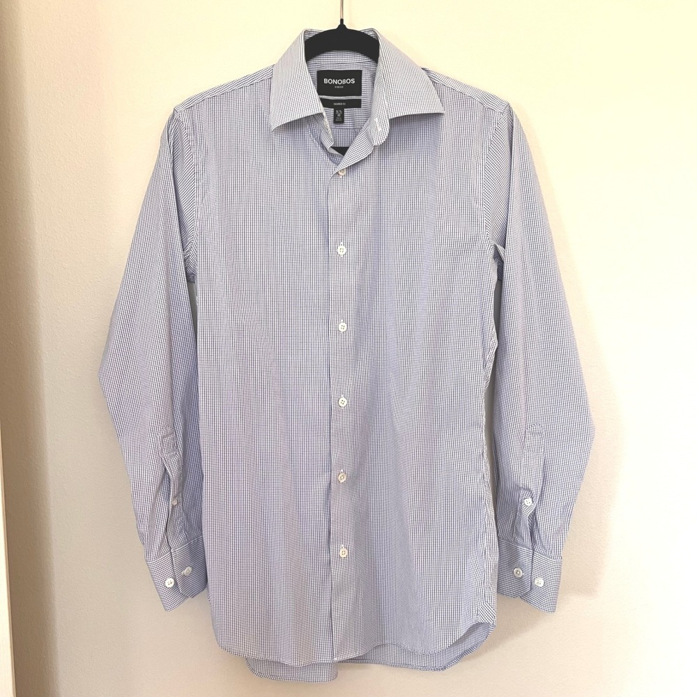 Bonobos Stretch Dress Shirt Mens 14.5 33 Tailored Fit Blue White Office Polished